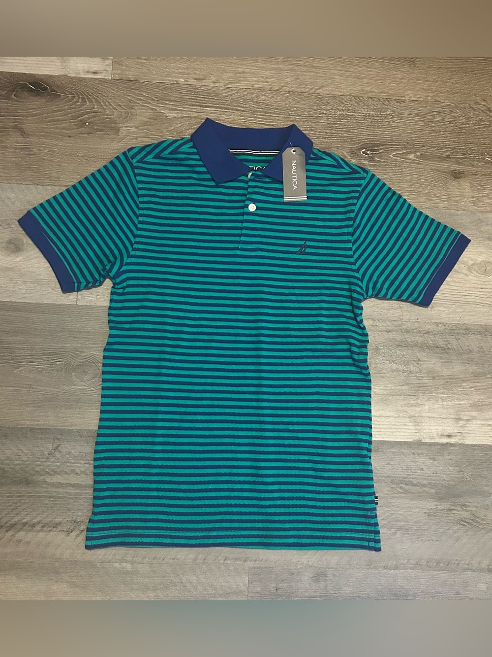 NWT Kids 10/12 Nautica Cotton Green and Navy Blue Collared Striped Polo Shirt